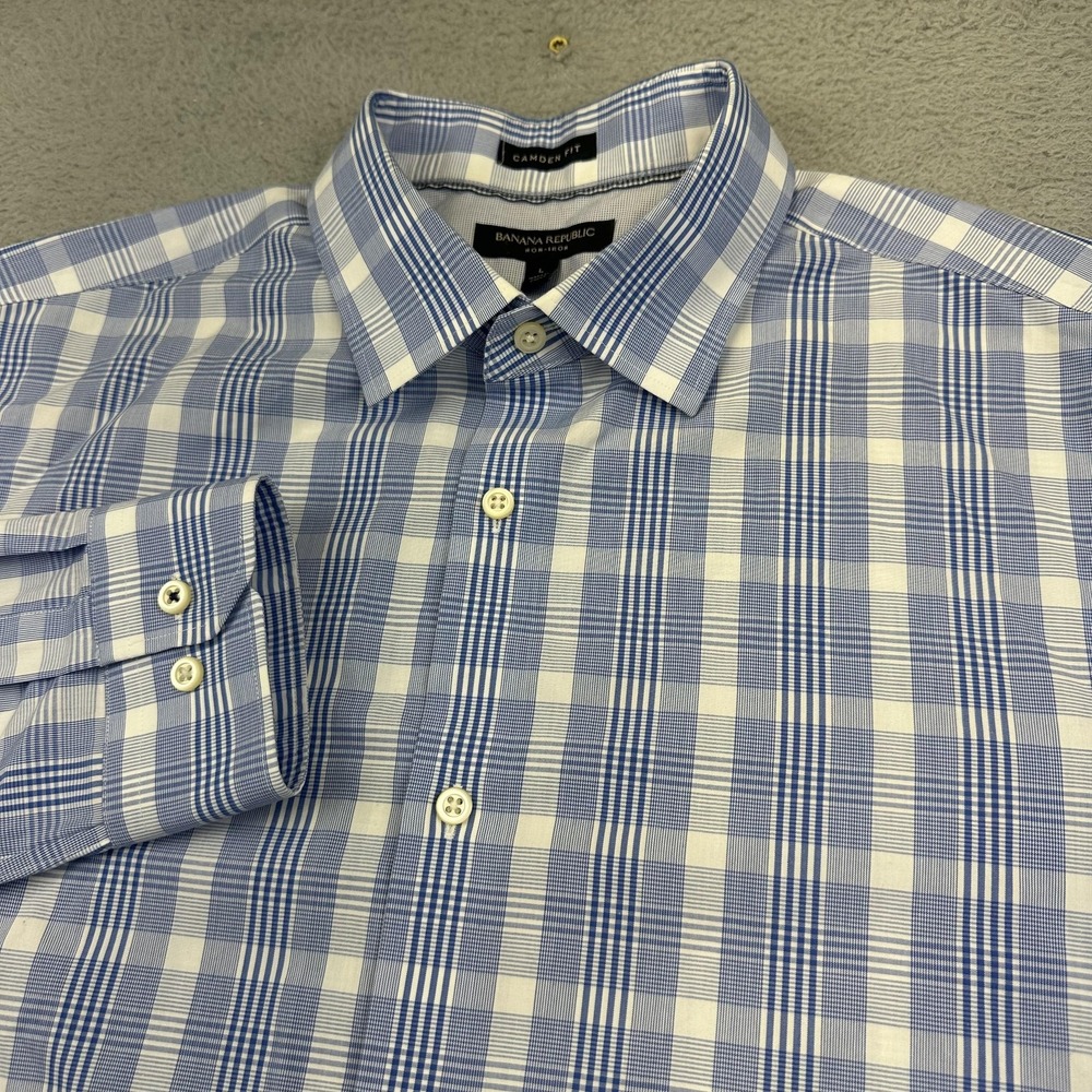 Banana Republic Shirt Mens Large Blue Plaid‎ Camden Fit Non-Iron Long Sleeve